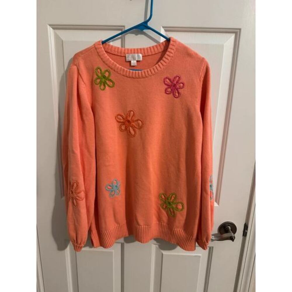 Belle Kim Gravel Femme Flowers Chenille Daisy Sweater Coral Pink XL